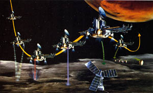 [08] Přiblížení sondy Fobos 2 k povrchu měsíce Phobos, laserový průzkum jeho povrchu, vysazení dlouhodobě fungující stanice a „skákajícího“ robota Hopper – představa malíře